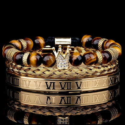 Roman Numeral Bracelet Set for Men - Stainless Steel, Tiger Eye Beads, Adjustable, Couple's Jewelry
