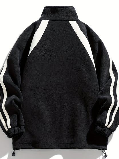 Men's Striped Fleece Jacket with Zipper and Pockets for Spring and Fall - Breathable and Stylish
