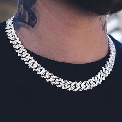 Iced Out Cuban Link Chain for Men - White Zinc Alloy with Rhinestone Detailing