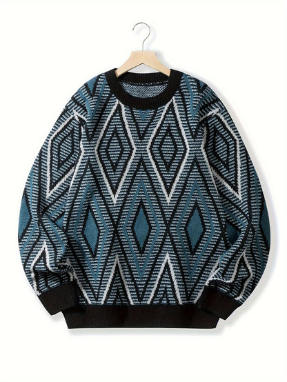 Men's Geometric Pattern Street-Style Knit Sweater - Lightweight, Regular Fit