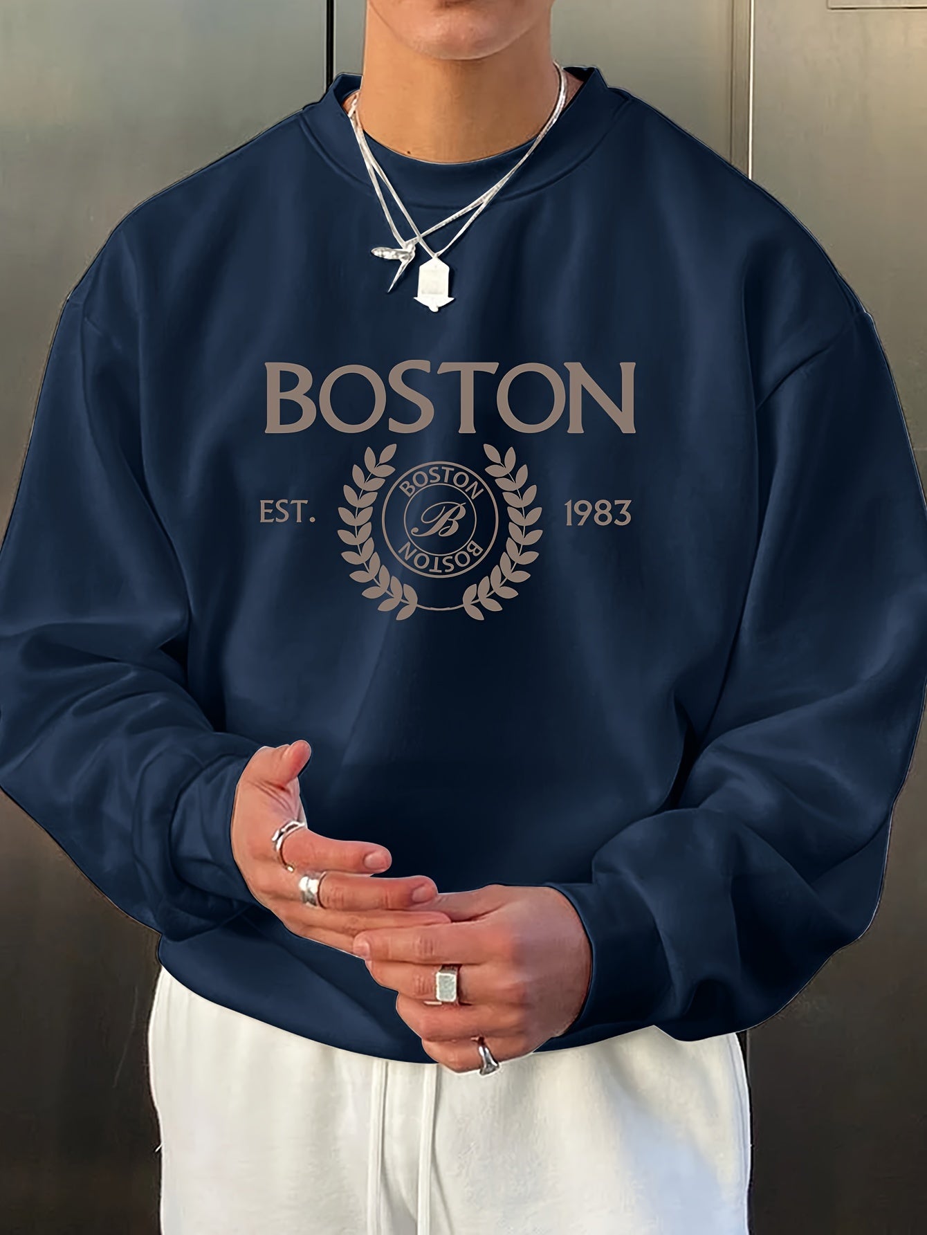 Men's Boston Letter Print Sweatshirt - Casual, Comfortable, and Stylish