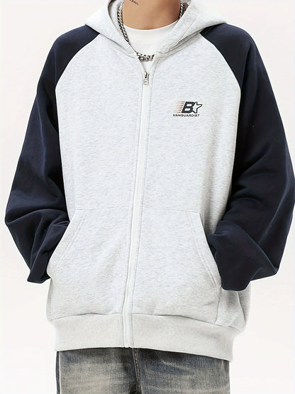 Men's Color Block Hooded Jacket - Hip-Hop Style with Zipper