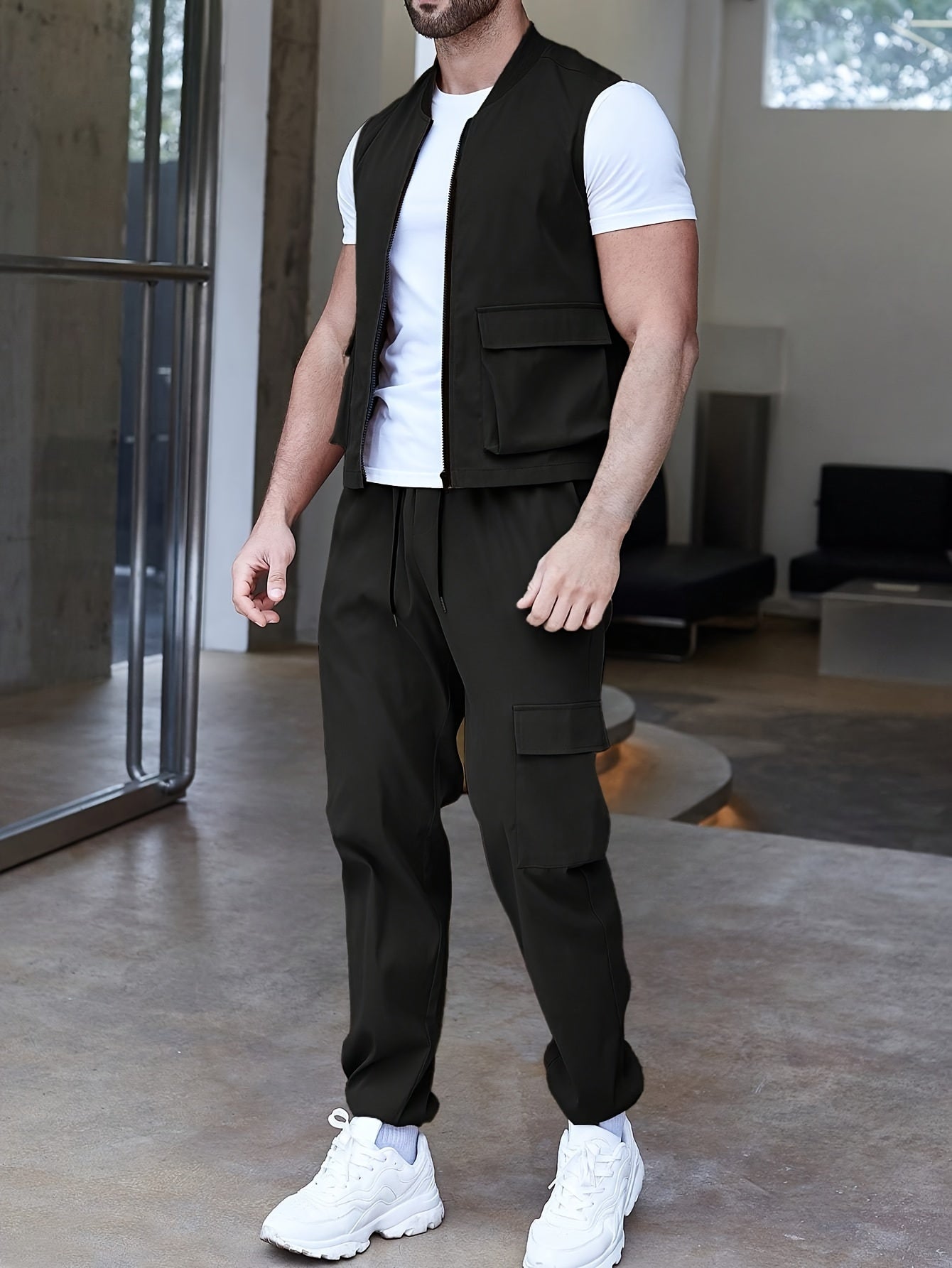 Men's Cargo Style 2-Piece Set: Zip Up Vest and Pants