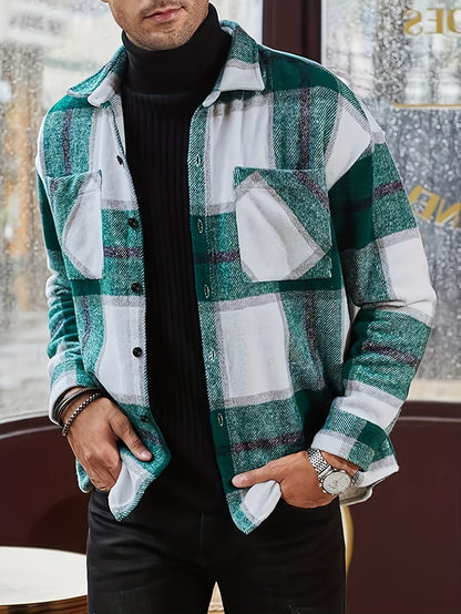 Stylish Plaid Men's Casual Jacket - Durable Polyester, Button Closure, Multiple Pockets