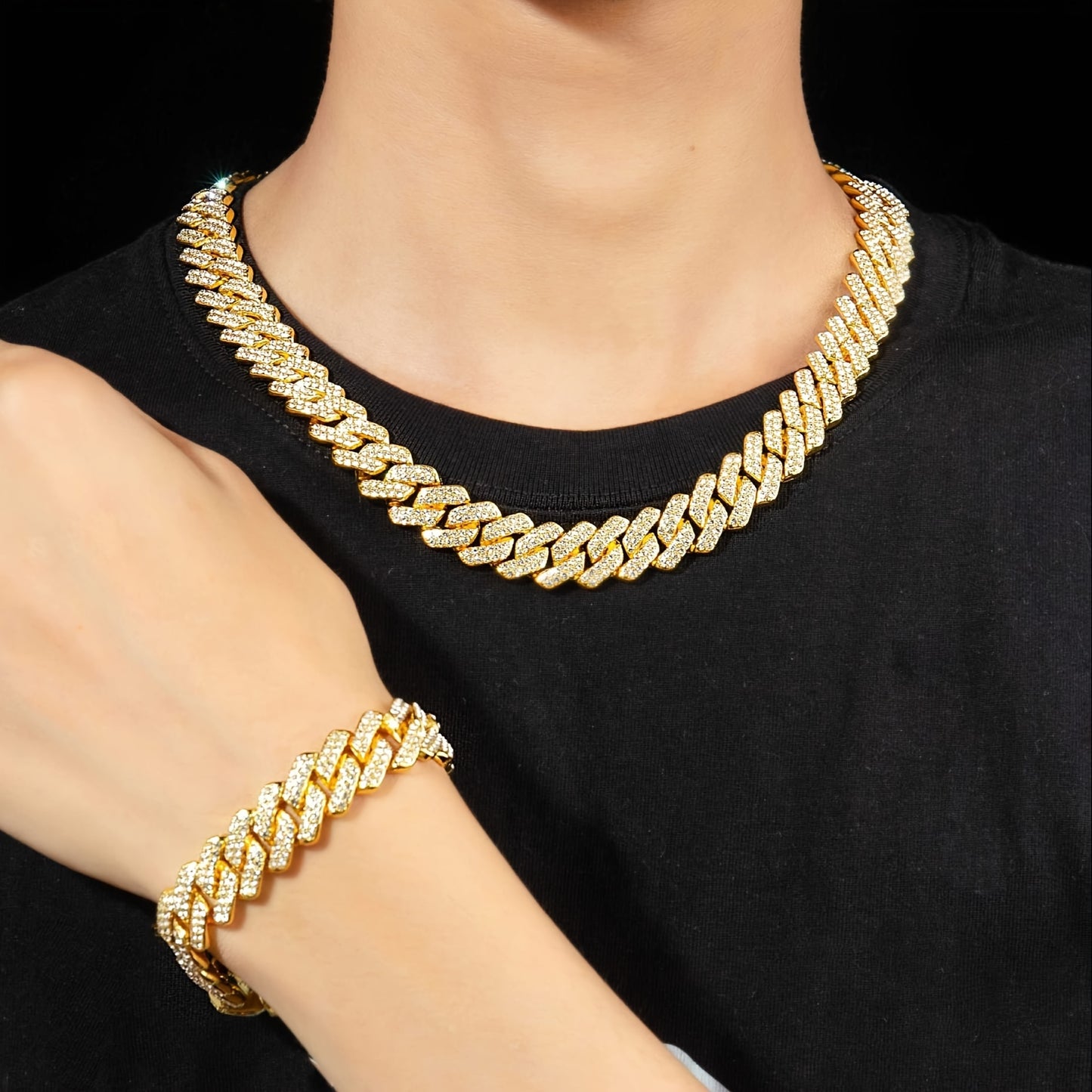 Iced Out Cuban Link Chain for Men - White Zinc Alloy with Rhinestone Detailing
