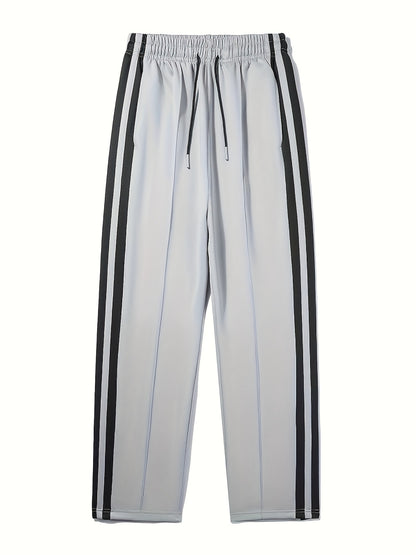 Men's Stylish Loose Striped Pattern Trousers with Pockets, Casual Breathable Drawstring Trousers 