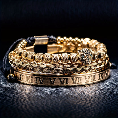 Stylish Leopard Head Bracelet Set | Stainless Steel Roman Numeral Jewelry
