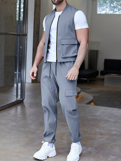 Men's Cargo Style 2-Piece Set: Zip Up Vest and Pants