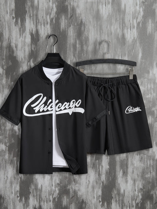 Summer Men's 2-Piece Casual Short Sleeve Baseball Jersey and Drawstring Shorts Set