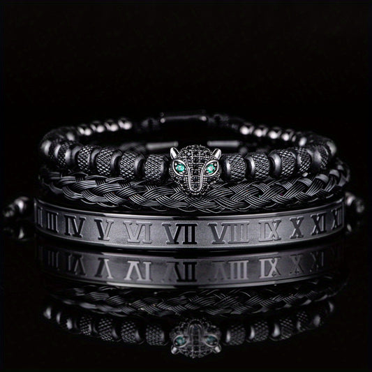 Stylish Leopard Head Bracelet Set | Stainless Steel Roman Numeral Jewelry