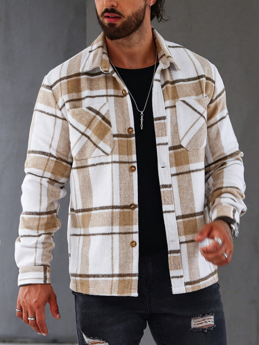 Men's Plaid Lapel Jacket for Casual and Streetwear - Long Sleeve, Button Closure