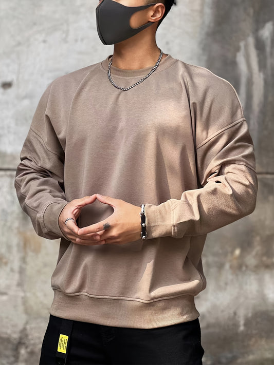 Men's Casual Sweatshirt - Oversized Pullover with Round Neck and Solid Color Design