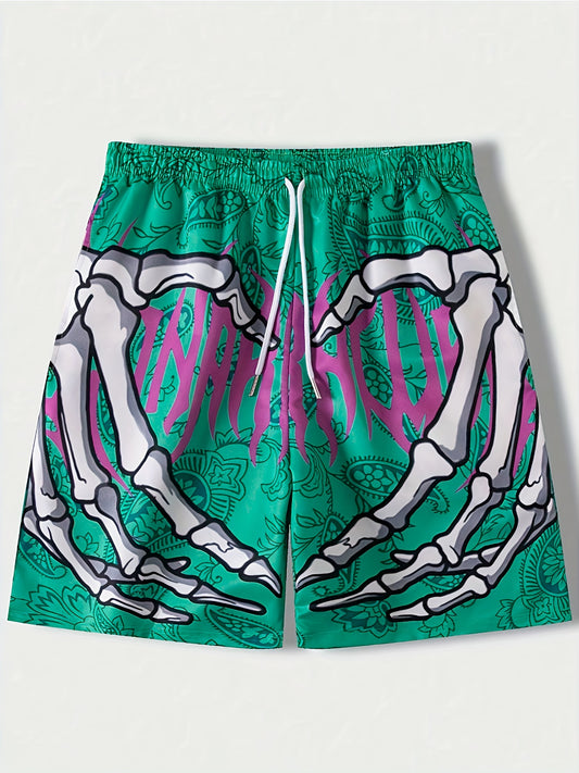Summer Beach Party Drawstring Shorts - Skeleton Hand & Paisley Print