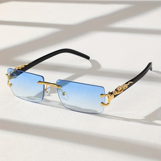 Rimless Square Sunglasses, Leopard Decor Metal Vintage Sunglasses