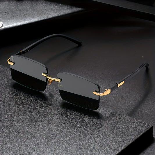 Men's rimless golden frame black sunglasses vintage stylish design
