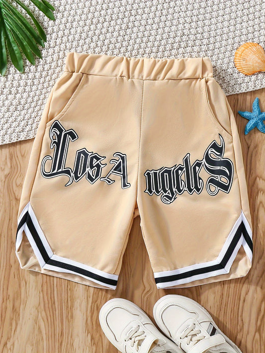 Boys Gym Shorts with LA Letter Print and Pockets - Lightweight Athletic Training Pants