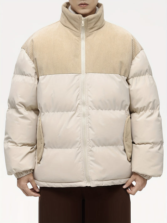 Men's Thick Winter Jacket with Hip Hop Style and Warm Fleece Lining - Cord Splicing and Stand Collar