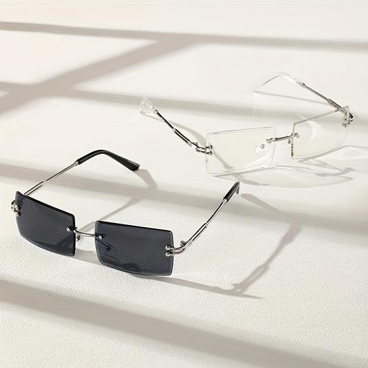 Premium Rimless Metal Frame Sunglasses &amp; Plano Glasses Set, For Men Women Casual Business