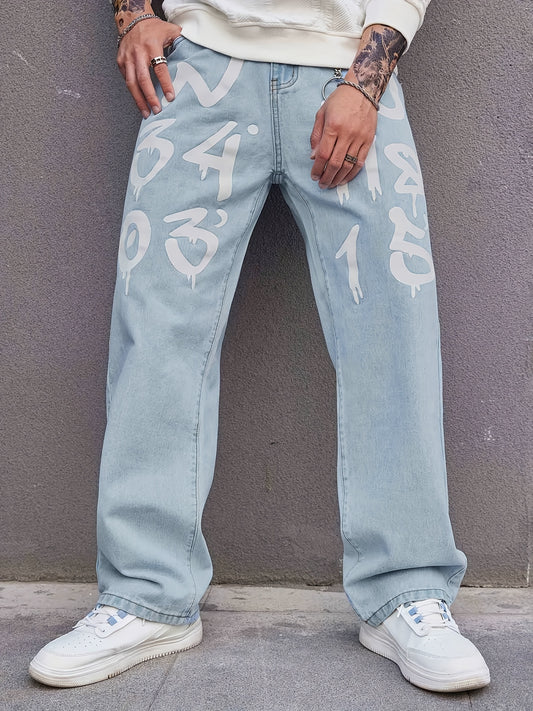 Men's Street Style Denim Jeans - Raw Wash, Alphabet Print: Cotton Blend, Regular Fit